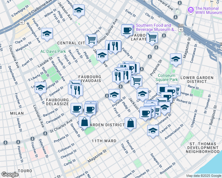 map of restaurants, bars, coffee shops, grocery stores, and more near 2264 Carondelet Street in New Orleans