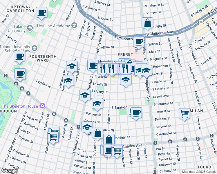 map of restaurants, bars, coffee shops, grocery stores, and more near 4926 Lasalle Street in New Orleans