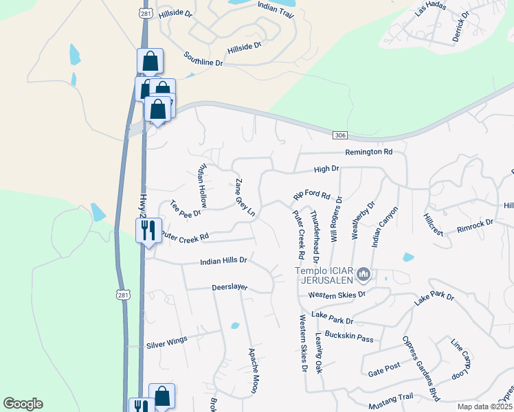 map of restaurants, bars, coffee shops, grocery stores, and more near 156 High Drive in Spring Branch