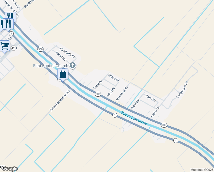 map of restaurants, bars, coffee shops, grocery stores, and more near 4501-4623 Larry Street in Napoleonville
