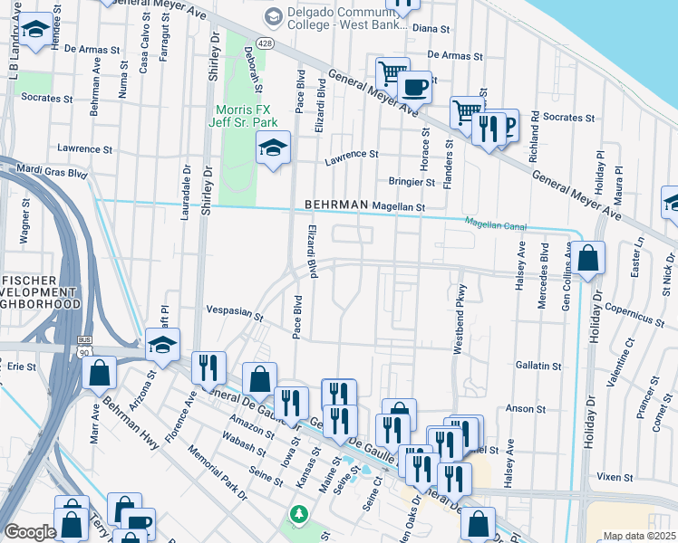 map of restaurants, bars, coffee shops, grocery stores, and more near 3001 Wall Boulevard in New Orleans