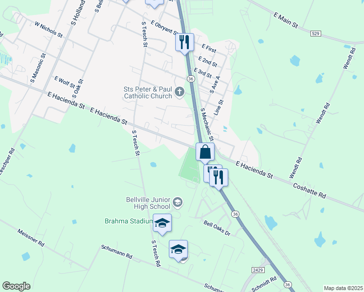map of restaurants, bars, coffee shops, grocery stores, and more near 1035 East Hacienda Street in Bellville