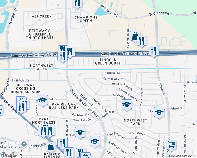 map of restaurants, bars, coffee shops, grocery stores, and more near 7226 Winding Trace Drive in Houston