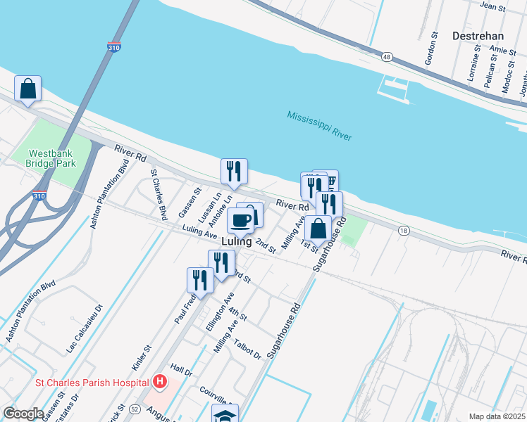 map of restaurants, bars, coffee shops, grocery stores, and more near 217 Paul Maillard Road in Luling