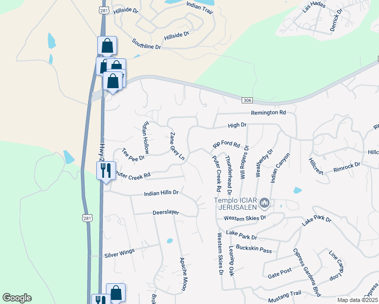 map of restaurants, bars, coffee shops, grocery stores, and more near 109 High Drive in Spring Branch