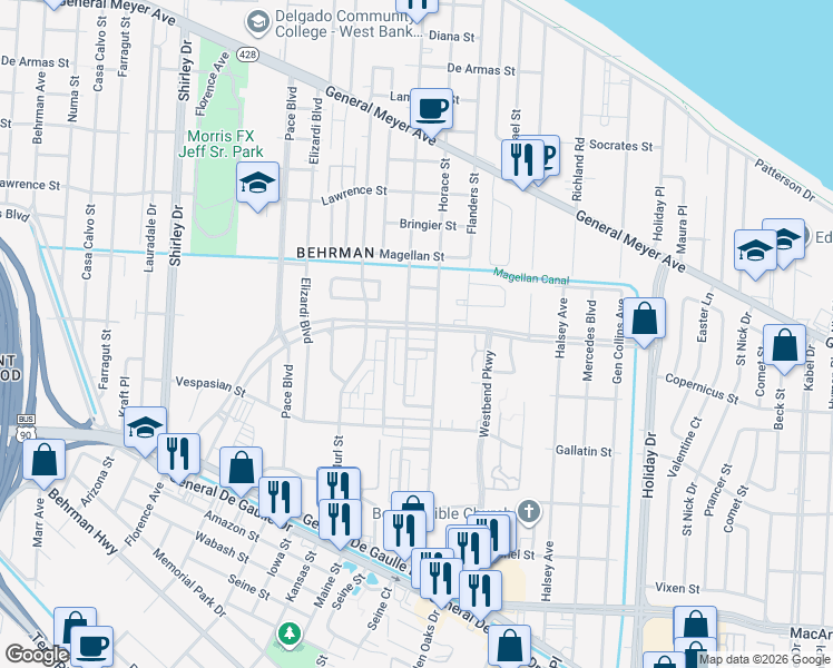 map of restaurants, bars, coffee shops, grocery stores, and more near 3453 Wall Boulevard in New Orleans