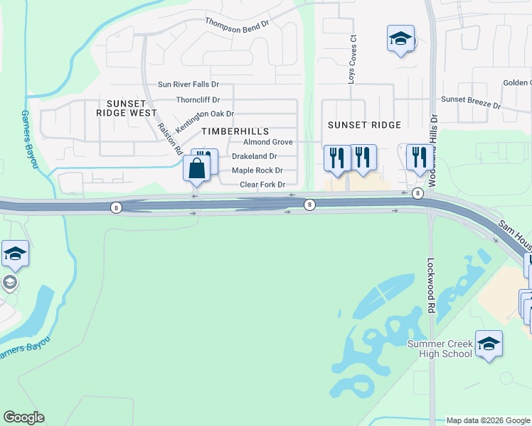 map of restaurants, bars, coffee shops, grocery stores, and more near 9804 North Sam Houston Parkway East in Humble