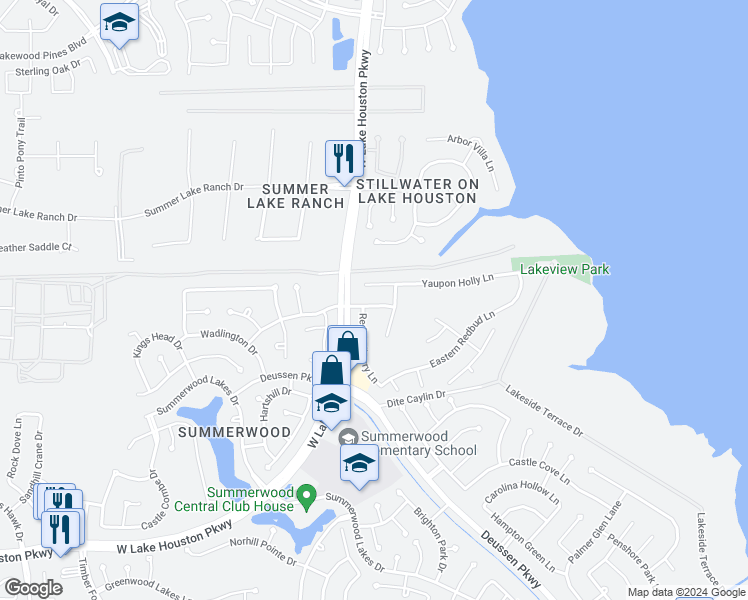 map of restaurants, bars, coffee shops, grocery stores, and more near 13123 Broncroft Court in Houston