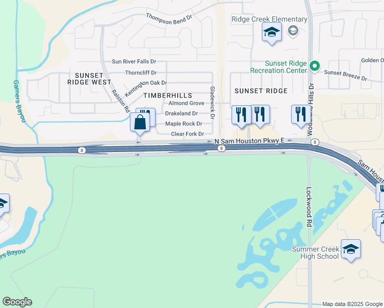 map of restaurants, bars, coffee shops, grocery stores, and more near 9802 North Sam Houston Parkway East in Humble