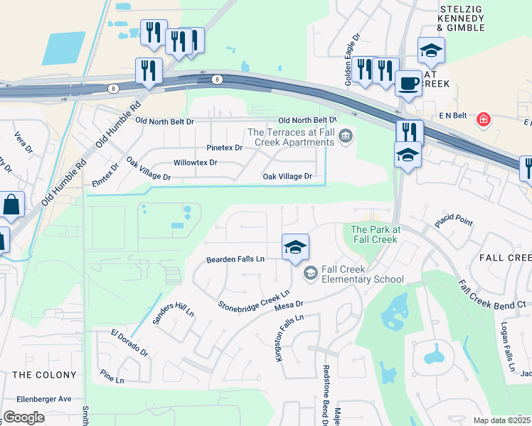 map of restaurants, bars, coffee shops, grocery stores, and more near 13761 Fall Springs Lane in Humble