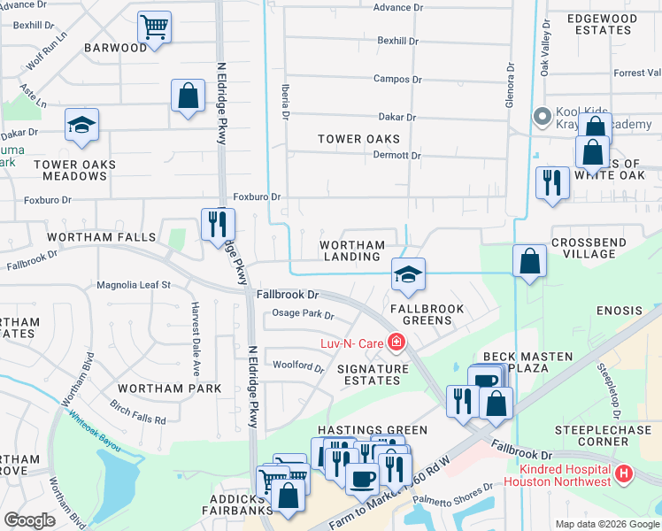 map of restaurants, bars, coffee shops, grocery stores, and more near 11927 Wortham Landing Drive in Houston