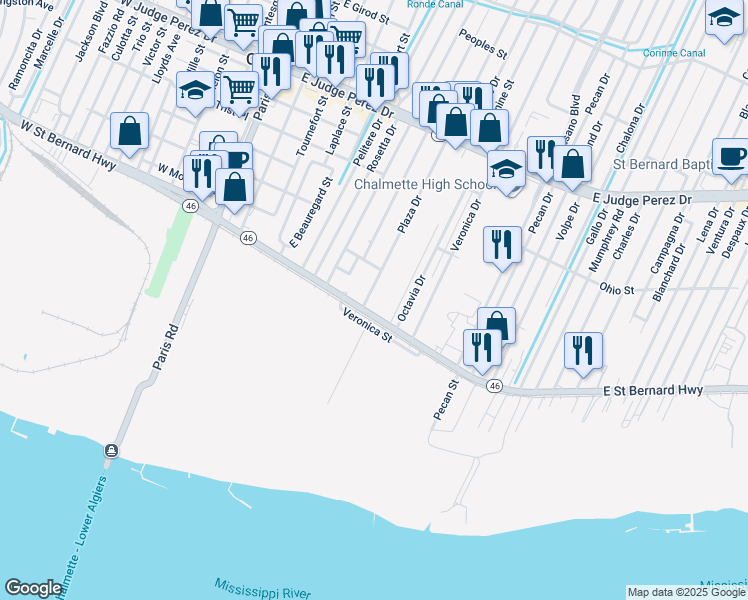 map of restaurants, bars, coffee shops, grocery stores, and more near 2101 Plaza Drive in Chalmette