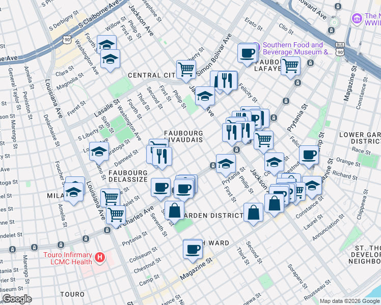 map of restaurants, bars, coffee shops, grocery stores, and more near 1718 First Street in New Orleans
