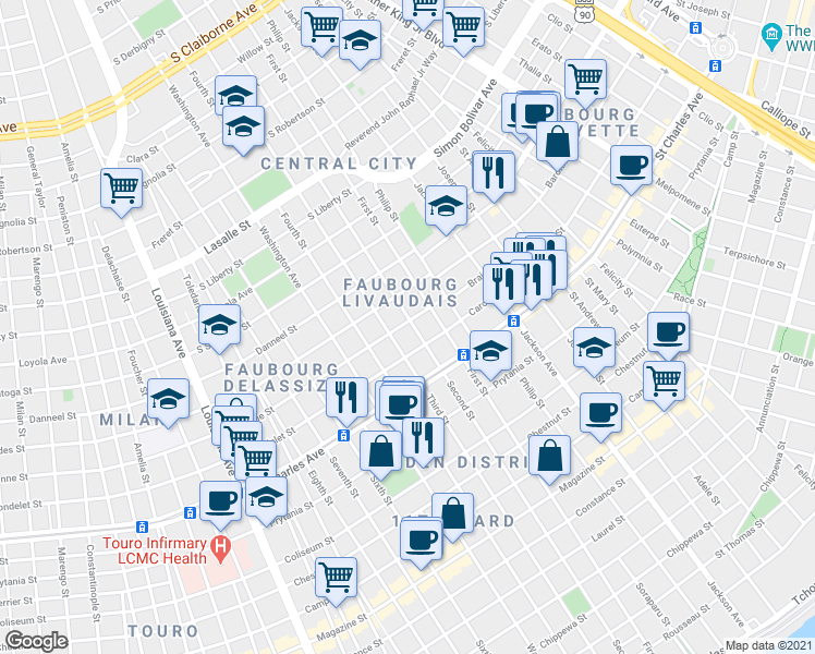 map of restaurants, bars, coffee shops, grocery stores, and more near 2523 Baronne Street in New Orleans
