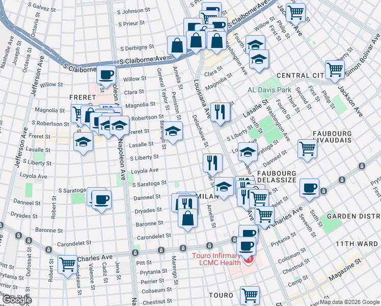 map of restaurants, bars, coffee shops, grocery stores, and more near 2308 Peniston Street in New Orleans