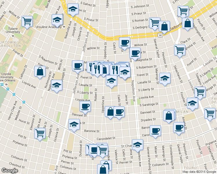 map of restaurants, bars, coffee shops, grocery stores, and more near 2400 Valence Street in New Orleans