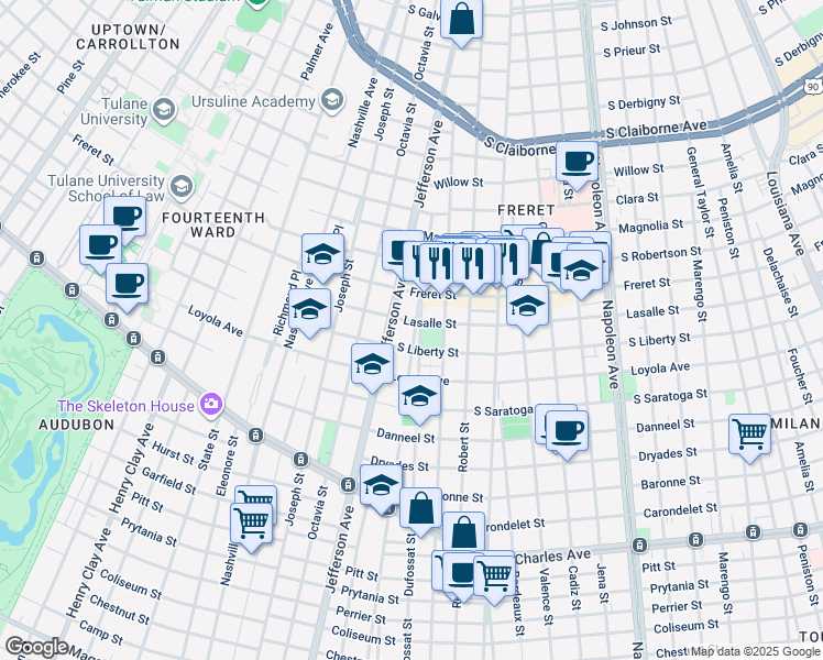 map of restaurants, bars, coffee shops, grocery stores, and more near 5316 Lasalle Street in New Orleans