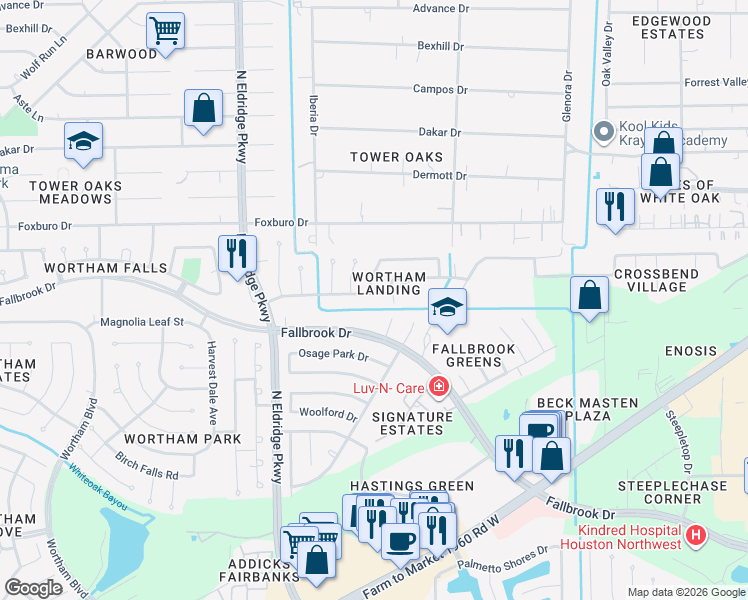 map of restaurants, bars, coffee shops, grocery stores, and more near 11927 Wortham Landing Drive in Houston