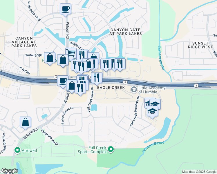 map of restaurants, bars, coffee shops, grocery stores, and more near 9670 North Sam Houston Parkway East in Humble