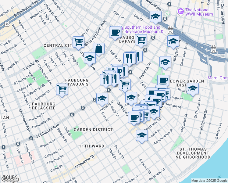 map of restaurants, bars, coffee shops, grocery stores, and more near 1535 Jackson Avenue in New Orleans