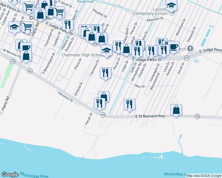 map of restaurants, bars, coffee shops, grocery stores, and more near 2221 Riverland Drive in Chalmette