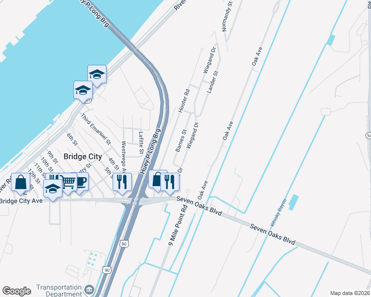map of restaurants, bars, coffee shops, grocery stores, and more near 1021 Wiegand Drive in Bridge City