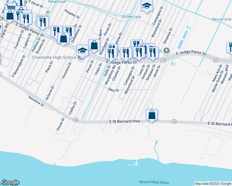map of restaurants, bars, coffee shops, grocery stores, and more near 2225 Corinne Drive in Chalmette