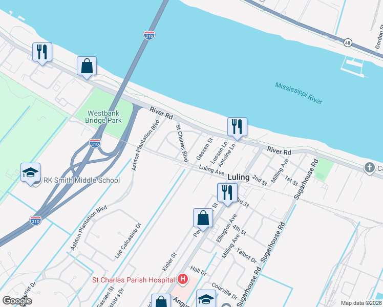 map of restaurants, bars, coffee shops, grocery stores, and more near 217 Bradwall Street in Luling