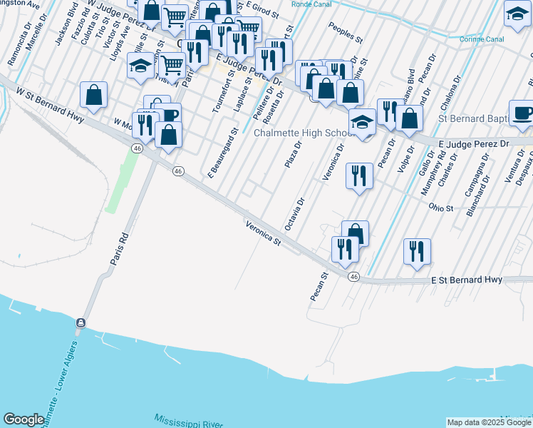 map of restaurants, bars, coffee shops, grocery stores, and more near 2101 Plaza Drive in Chalmette
