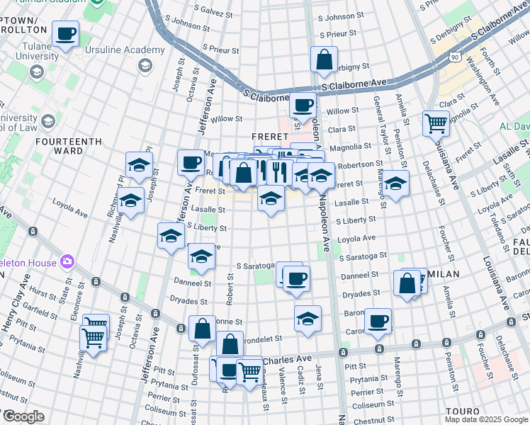map of restaurants, bars, coffee shops, grocery stores, and more near 2336 Valence Street in New Orleans