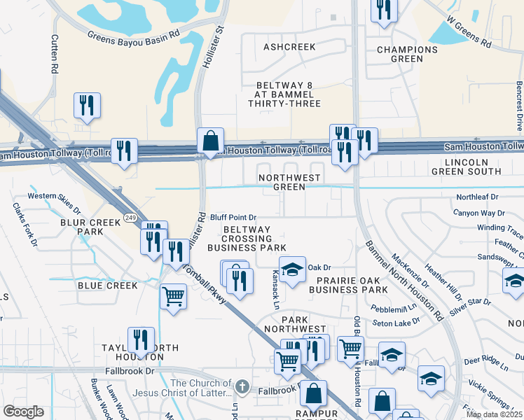 map of restaurants, bars, coffee shops, grocery stores, and more near 7750 Bluff Point Drive in Houston