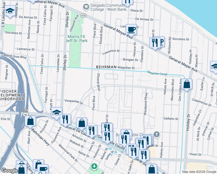 map of restaurants, bars, coffee shops, grocery stores, and more near 3001 Wall Boulevard in New Orleans