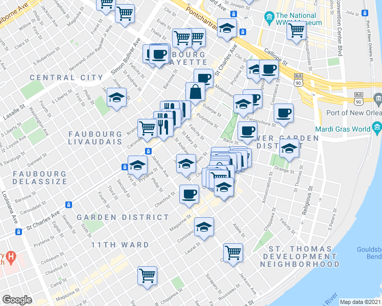 map of restaurants, bars, coffee shops, grocery stores, and more near 1401 Saint Andrew Street in New Orleans