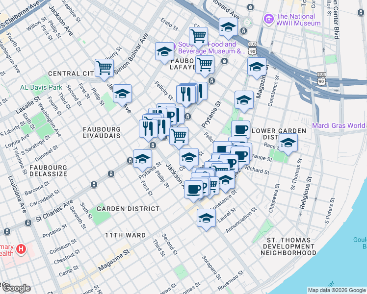 map of restaurants, bars, coffee shops, grocery stores, and more near in New Orleans