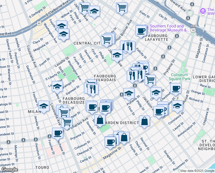 map of restaurants, bars, coffee shops, grocery stores, and more near 2523 Baronne Street in New Orleans