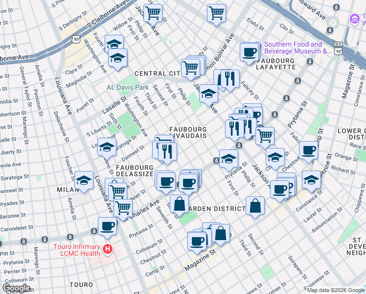 map of restaurants, bars, coffee shops, grocery stores, and more near 2523 Baronne Street in New Orleans