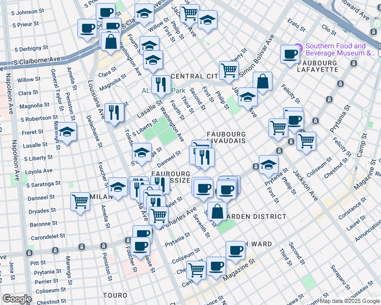 map of restaurants, bars, coffee shops, grocery stores, and more near 1930 Washington Avenue in New Orleans
