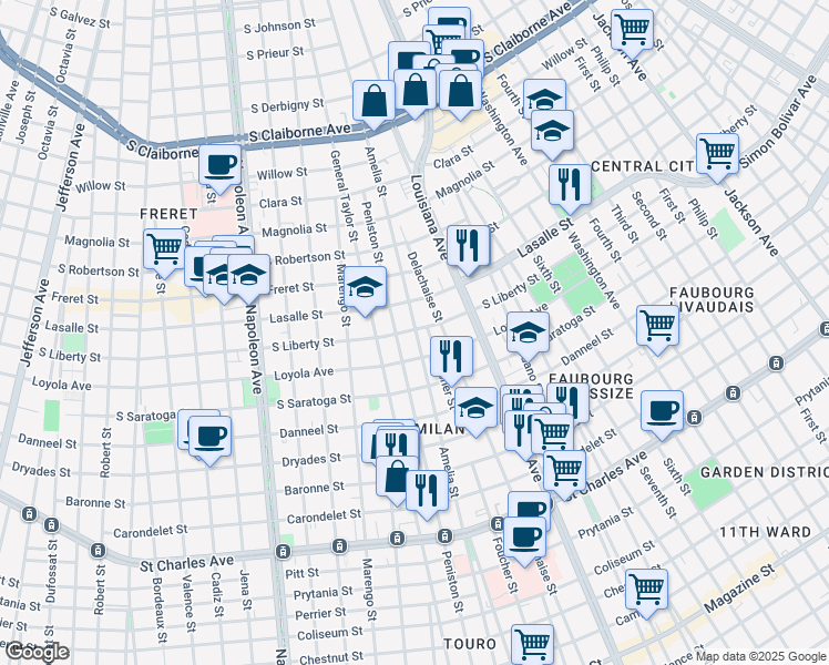 map of restaurants, bars, coffee shops, grocery stores, and more near 2239 Foucher Street in New Orleans