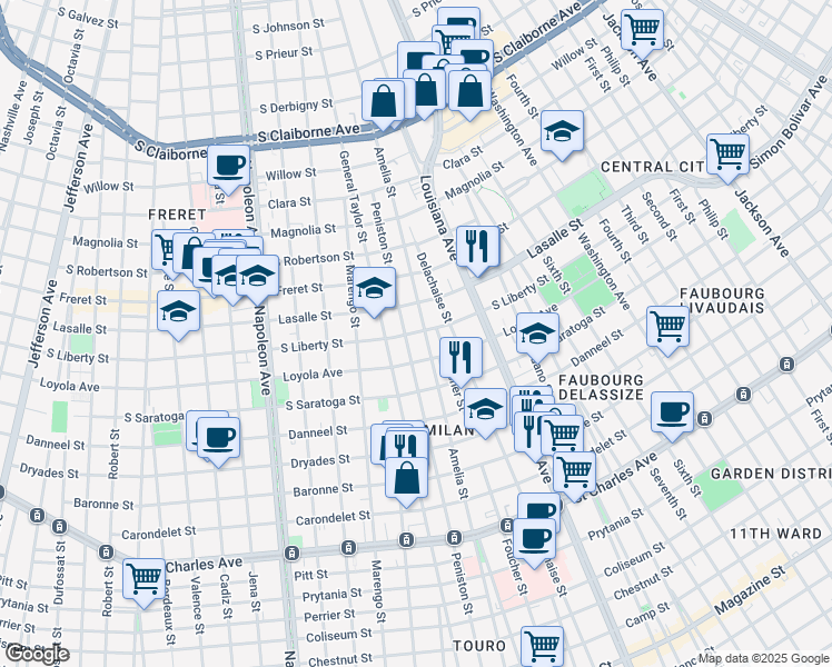 map of restaurants, bars, coffee shops, grocery stores, and more near 2308 Peniston Street in New Orleans