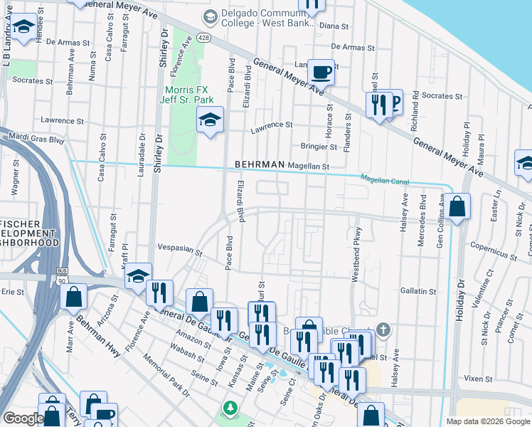 map of restaurants, bars, coffee shops, grocery stores, and more near 3001 Wall Boulevard in New Orleans