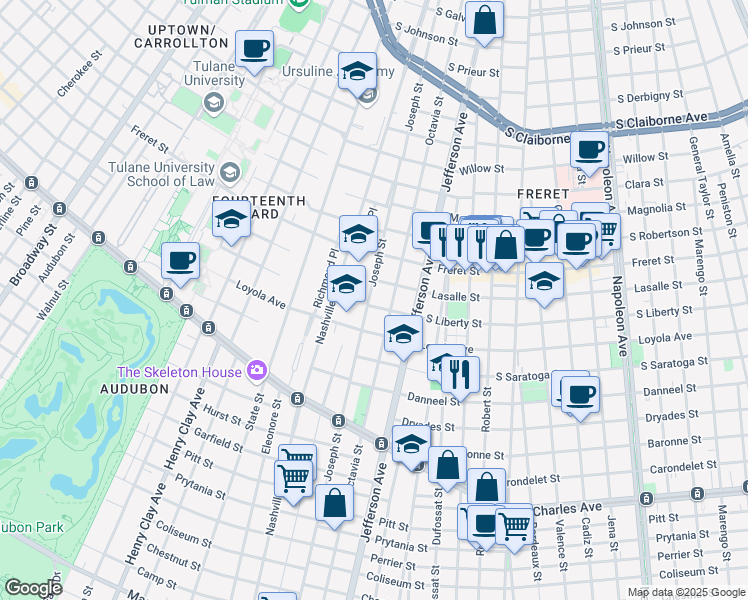 map of restaurants, bars, coffee shops, grocery stores, and more near 2009 Joseph Street in New Orleans