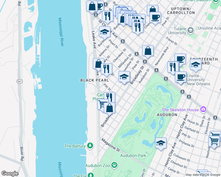 map of restaurants, bars, coffee shops, grocery stores, and more near 304 Lowerline Street in New Orleans