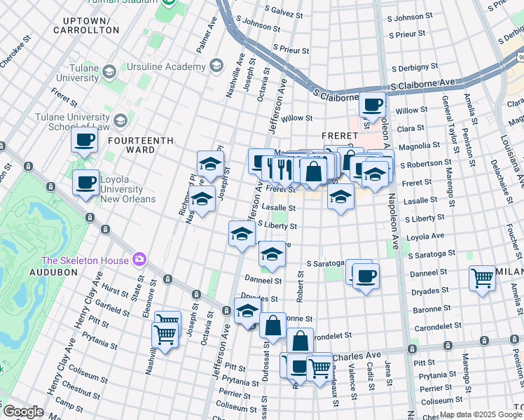 map of restaurants, bars, coffee shops, grocery stores, and more near 5316 Lasalle Street in New Orleans