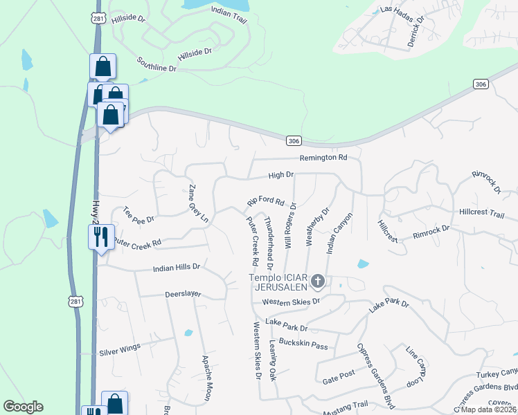 map of restaurants, bars, coffee shops, grocery stores, and more near 198 Rip Ford Rd in Spring Branch
