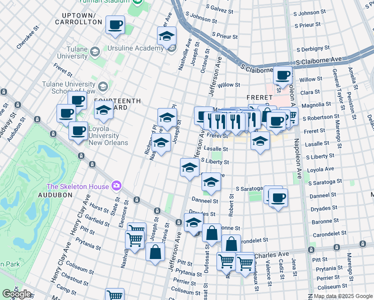 map of restaurants, bars, coffee shops, grocery stores, and more near 2119 Octavia Street in New Orleans
