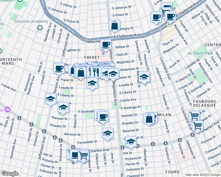 map of restaurants, bars, coffee shops, grocery stores, and more near 4420 Lasalle Street in New Orleans