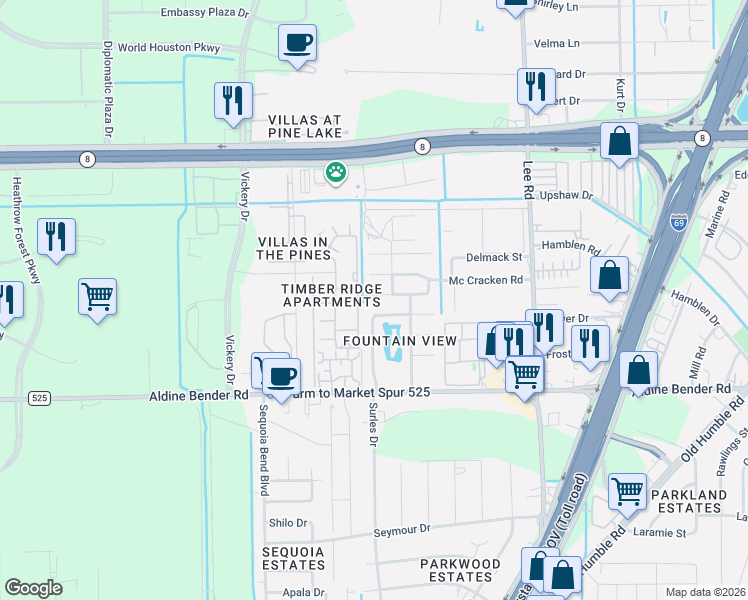 map of restaurants, bars, coffee shops, grocery stores, and more near 5410 Indianola Drive in Houston