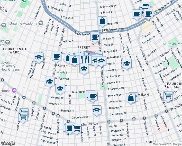 map of restaurants, bars, coffee shops, grocery stores, and more near 4538 Lasalle Street in New Orleans
