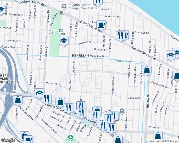 map of restaurants, bars, coffee shops, grocery stores, and more near 3107 Wall Boulevard in New Orleans