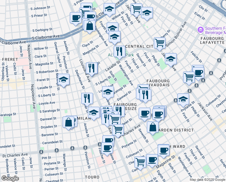 map of restaurants, bars, coffee shops, grocery stores, and more near 2108 Seventh Street in New Orleans